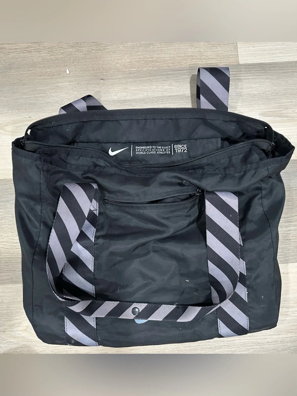 Nike Black Duffel Tote with Gray Diagonal-Striped Handles
